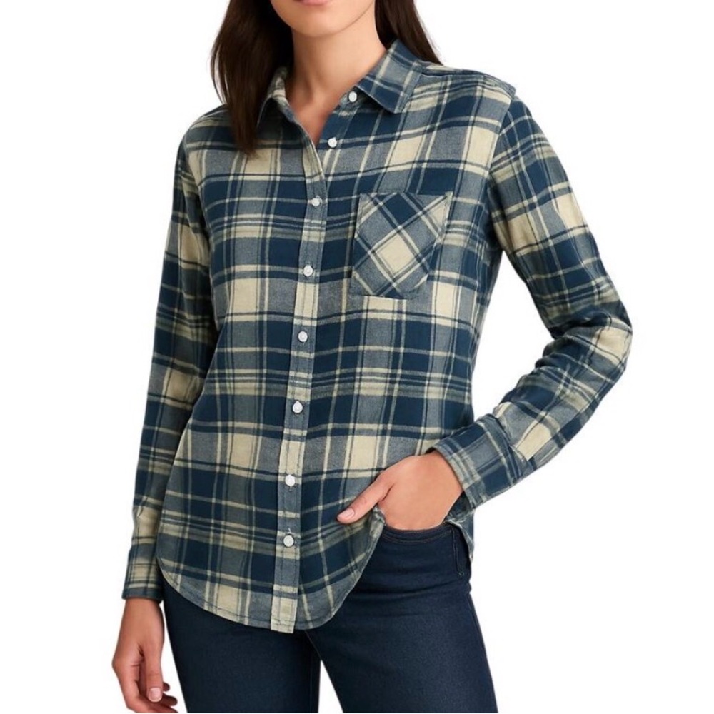 Blue and Cream Plaid Button-Up Flannel Shirt
